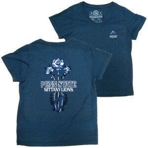 women's denim blue short sleeve v-neck t-shirt with Penn State Nittany Lions and flower graphics on back, small version on left chest